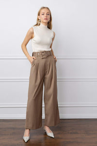 TIA TAN BELTED WIDE LEG PANTS