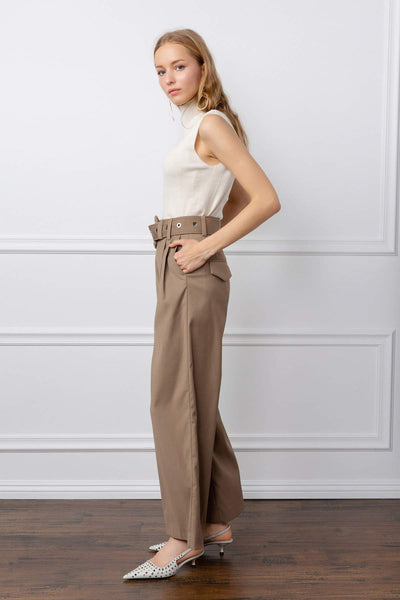 TIA TAN BELTED WIDE LEG PANTS