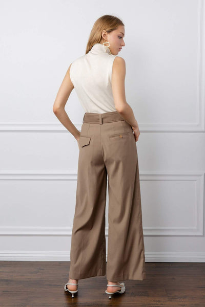 TIA TAN BELTED WIDE LEG PANTS